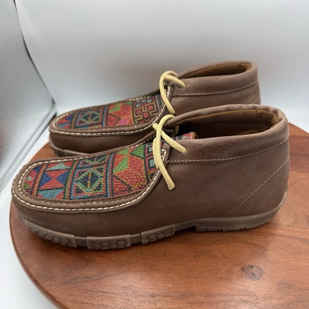 REYWELT Boots Brown Leather Woven Inlay Lace Up Chukka Moc  display picture 1